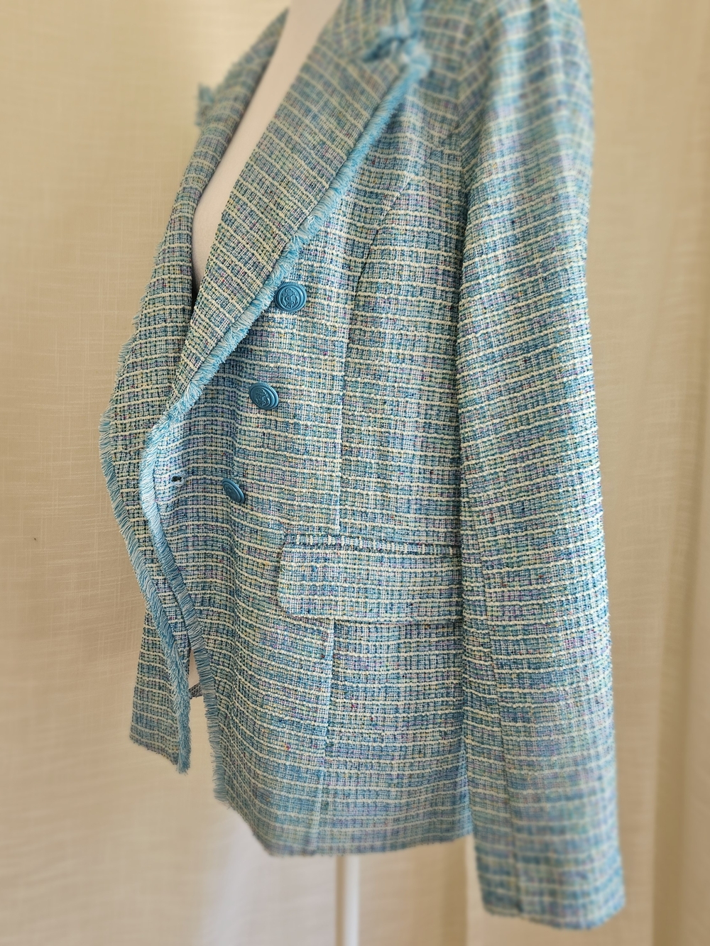 Belle by Kim Gravel Blue Tweed Double-Breasted Blazer Raw Hem Fringe S - Picture 8 of 16